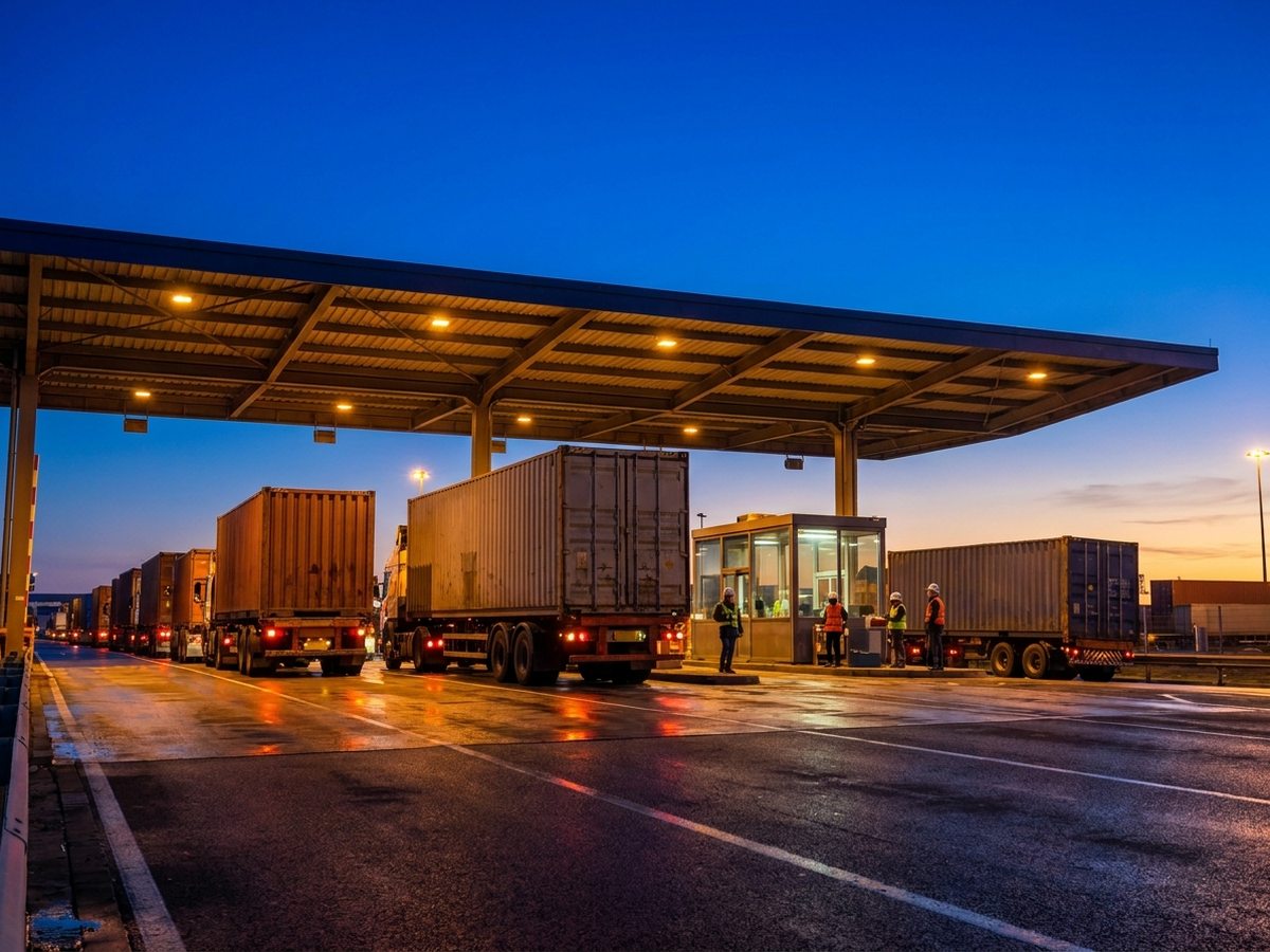 Camiones con contenedores cruzando el gate de una terminal portuaria