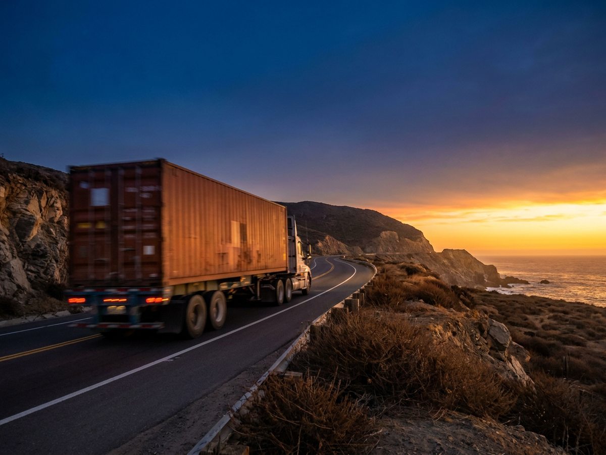 Camión con contenedor por carretera costera al atardecer rumbo a la entrega final