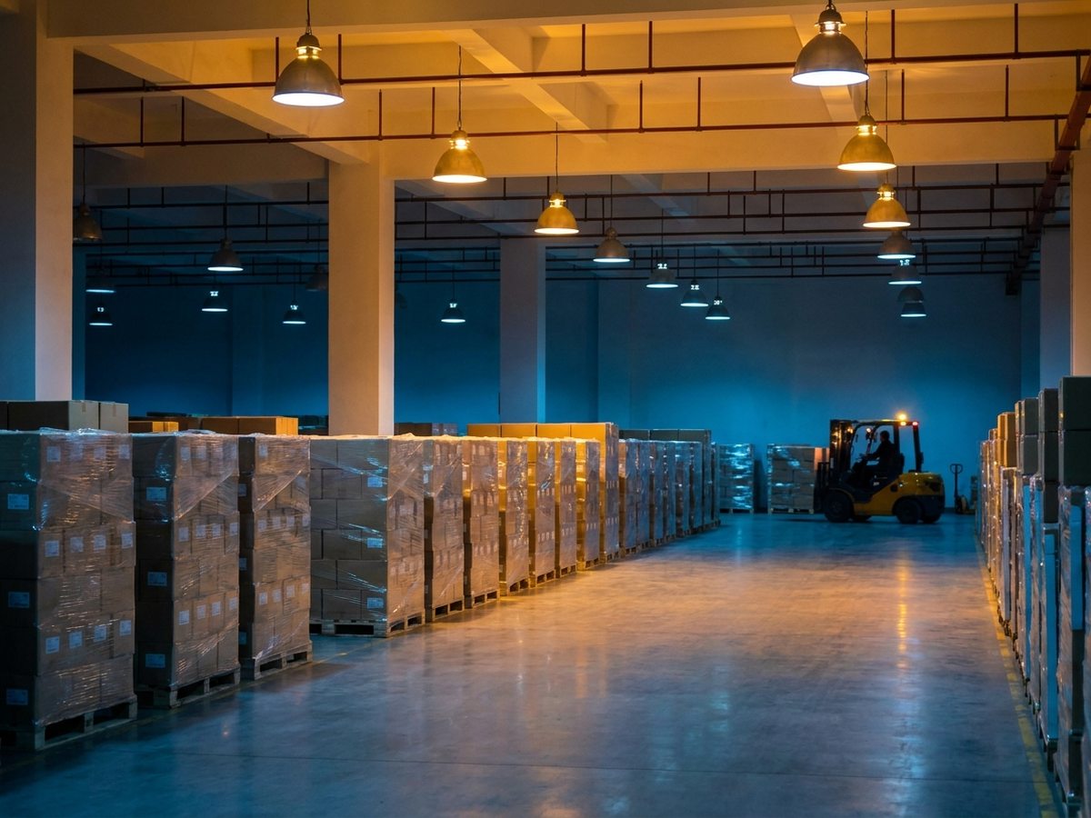 Bodega de consolidación con pallets emplayados listos para exportación