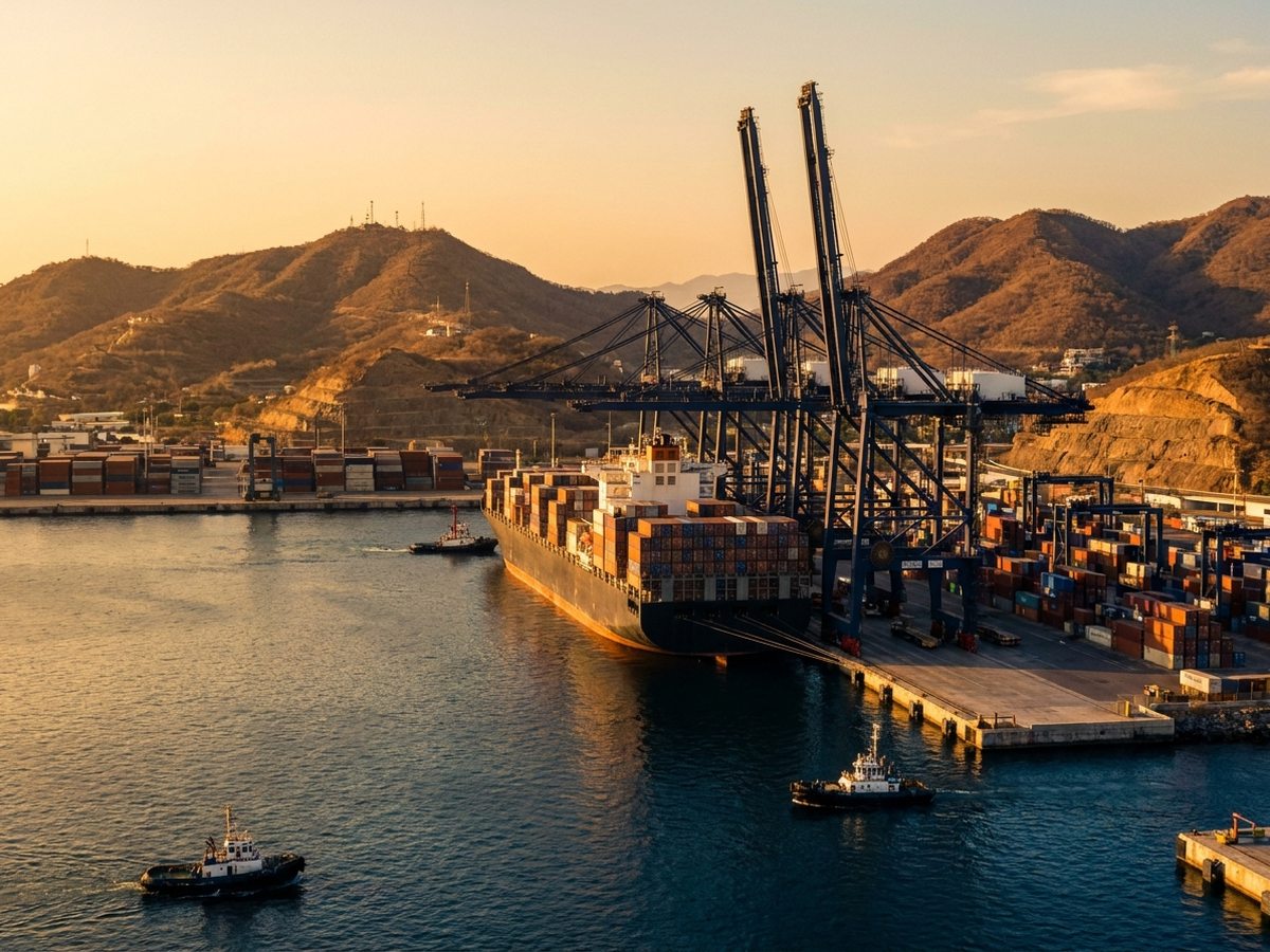 Puerto de contenedores del Pacífico latinoamericano al atardecer