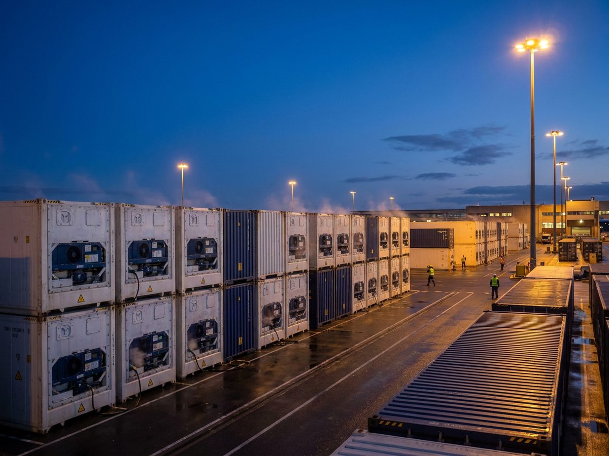 Contenedores refrigerados reefer conectados en patio portuario