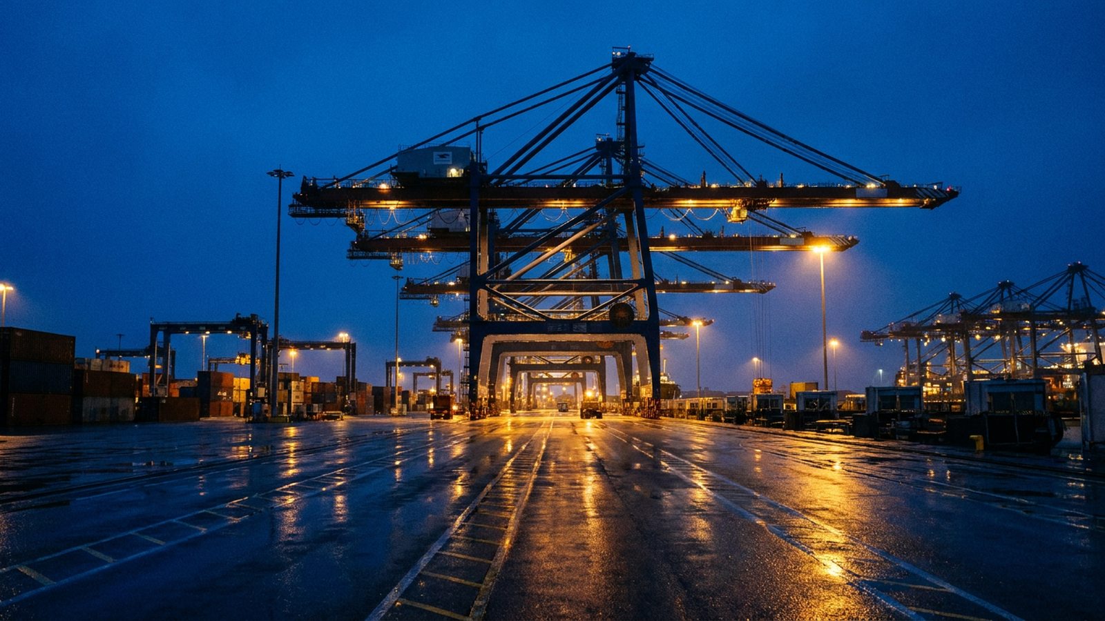 Fila de grúas pórtico de un puerto de contenedores a la hora azul